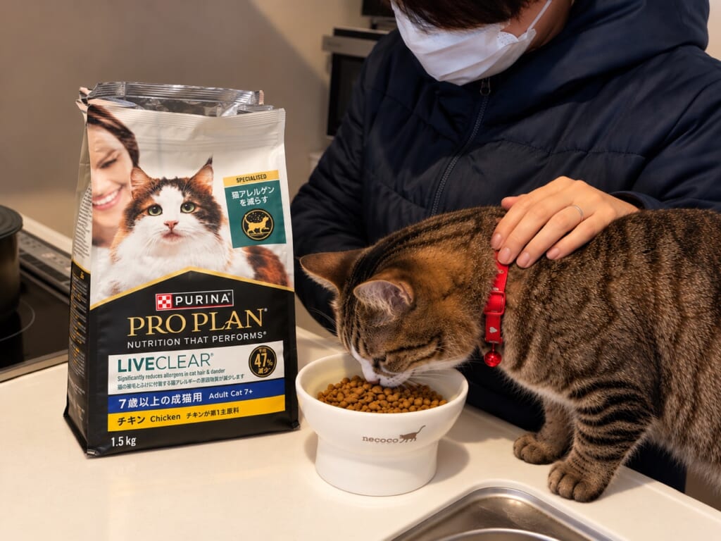 リブクリアの袋の横でフードを食べるちゃむおと、背中をなでるマスク姿の飼い主