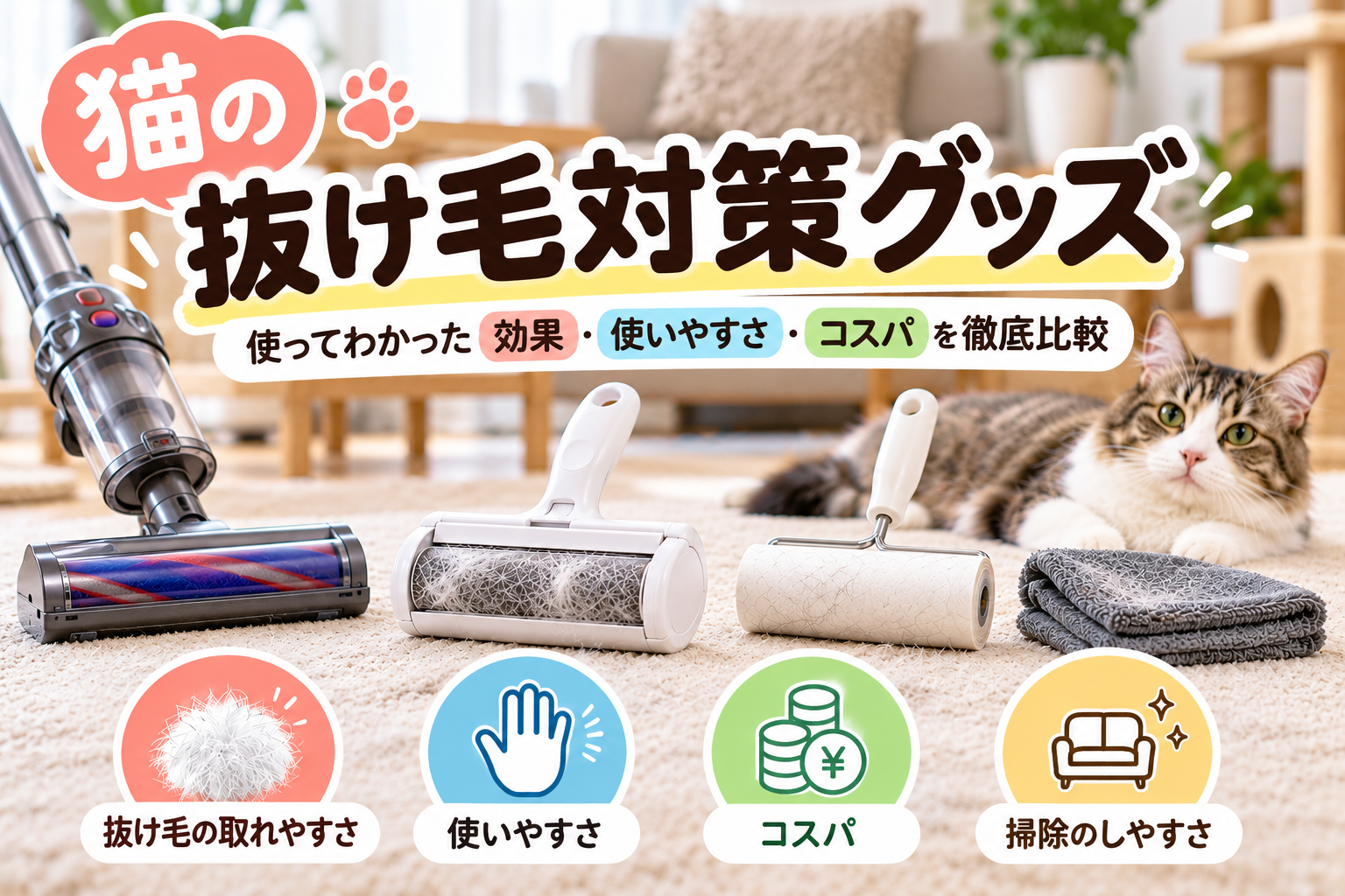 猫の抜け毛対策グッズを比較。掃除機、ぱくぱくローラー、粘着式コロコロと猫のイメージ