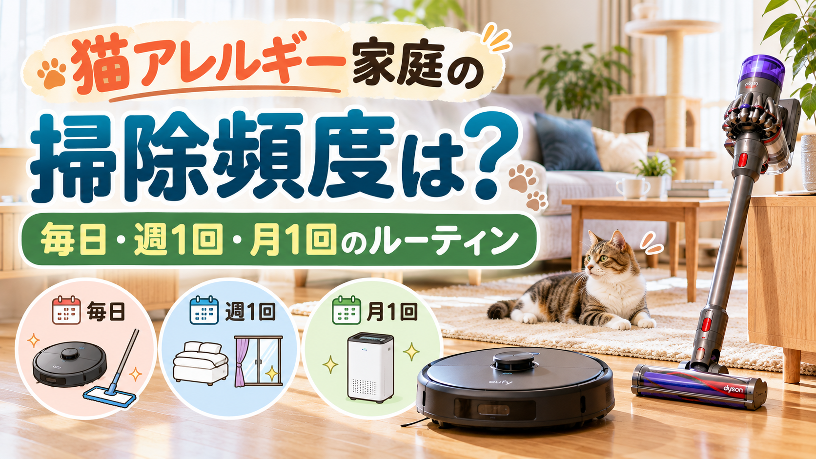 猫とロボット掃除機、コードレス掃除機を配し、毎日・週1回・月1回の掃除ルーティンを紹介する画像