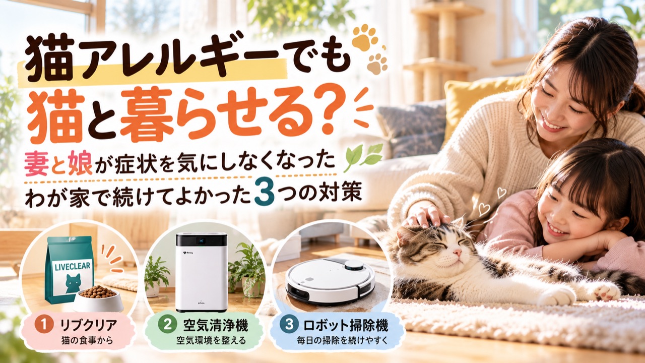 妻と娘が猫とくつろぐ様子と、リブクリア・空気清浄機・ロボット掃除機の3つの対策